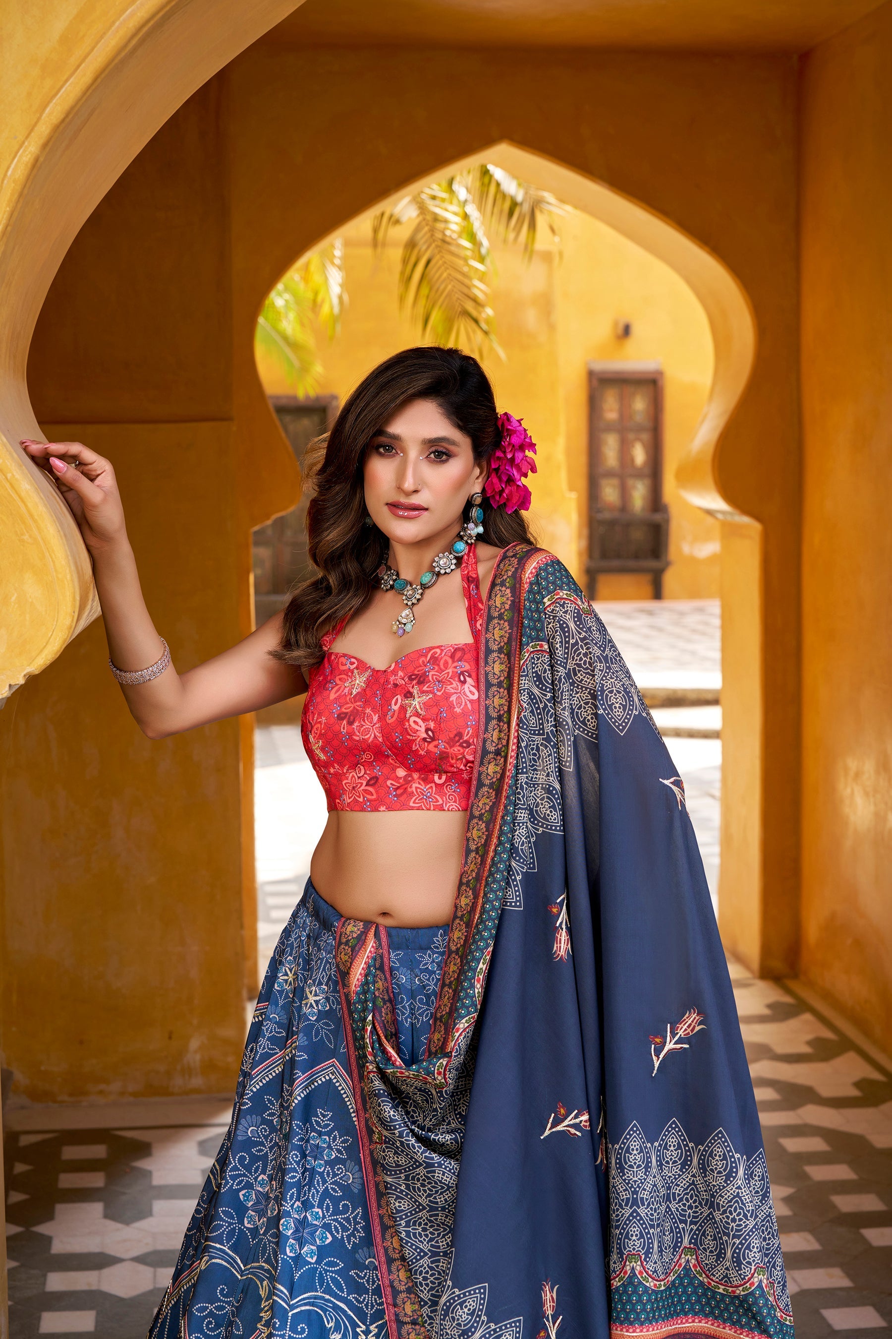 Lorenvalley Fashion Blue Vaishali silk Printed with Beads Work and Gota Patti Lace Lehenga Choli with Dupatta - Distacart