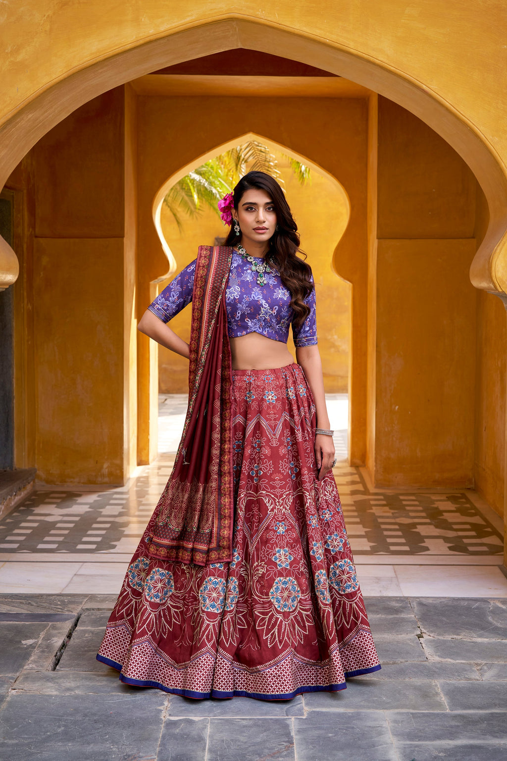 Lorenvalley Fashion Maroon Vaishali silk Printed with Beads Work and Gota Patti Lace Lehenga Choli with Dupatta - Distacart