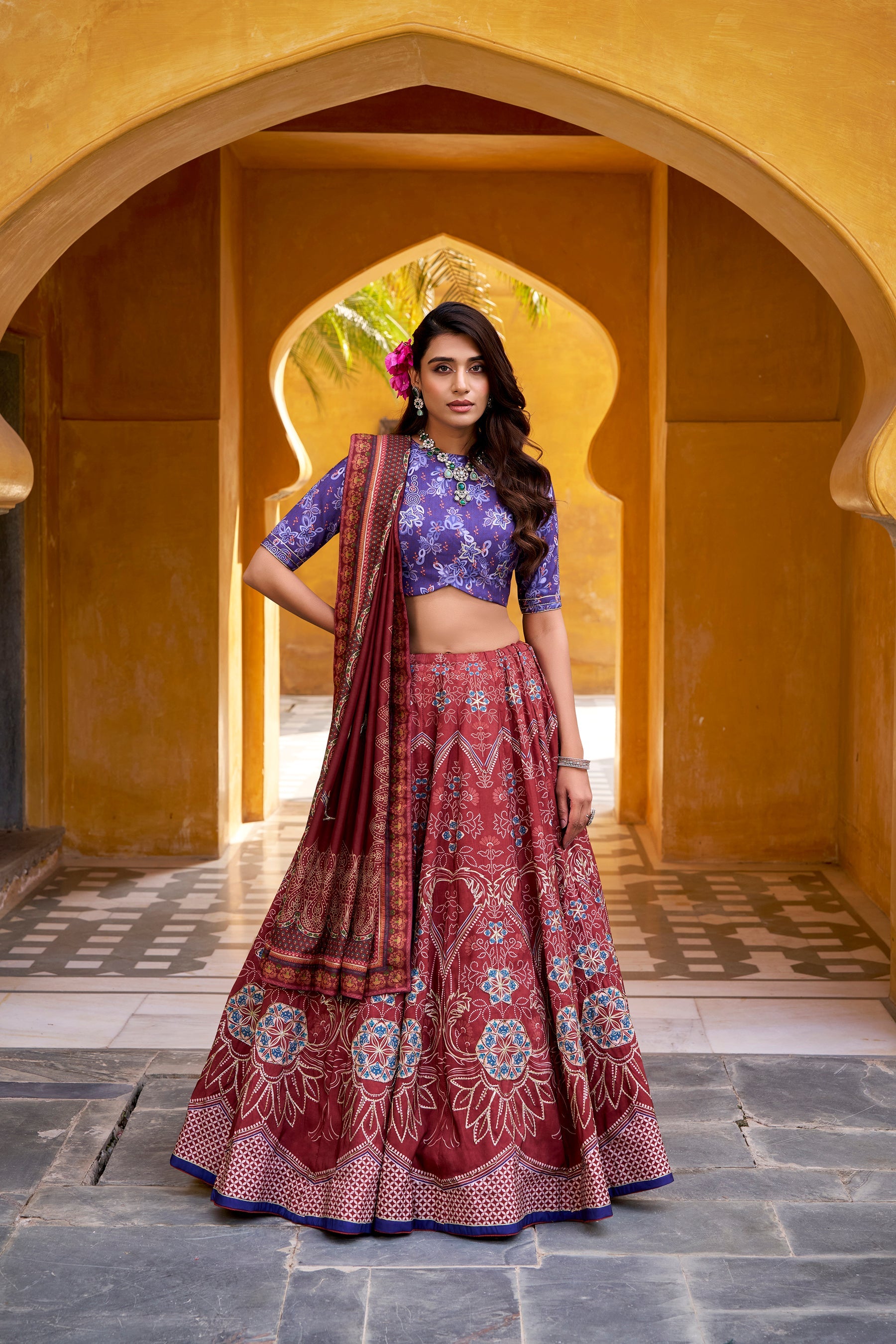 Lorenvalley Fashion Maroon Vaishali silk Printed with Beads Work and Gota Patti Lace Lehenga Choli with Dupatta - Distacart
