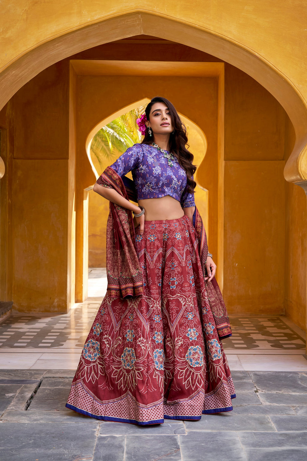 Lorenvalley Fashion Maroon Vaishali silk Printed with Beads Work and Gota Patti Lace Lehenga Choli with Dupatta - Distacart