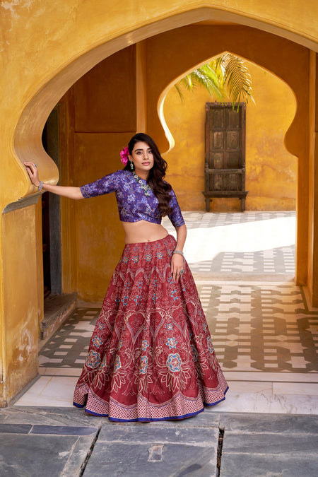 Lorenvalley Fashion Maroon Vaishali silk Printed with Beads Work and Gota Patti Lace Lehenga Choli with Dupatta