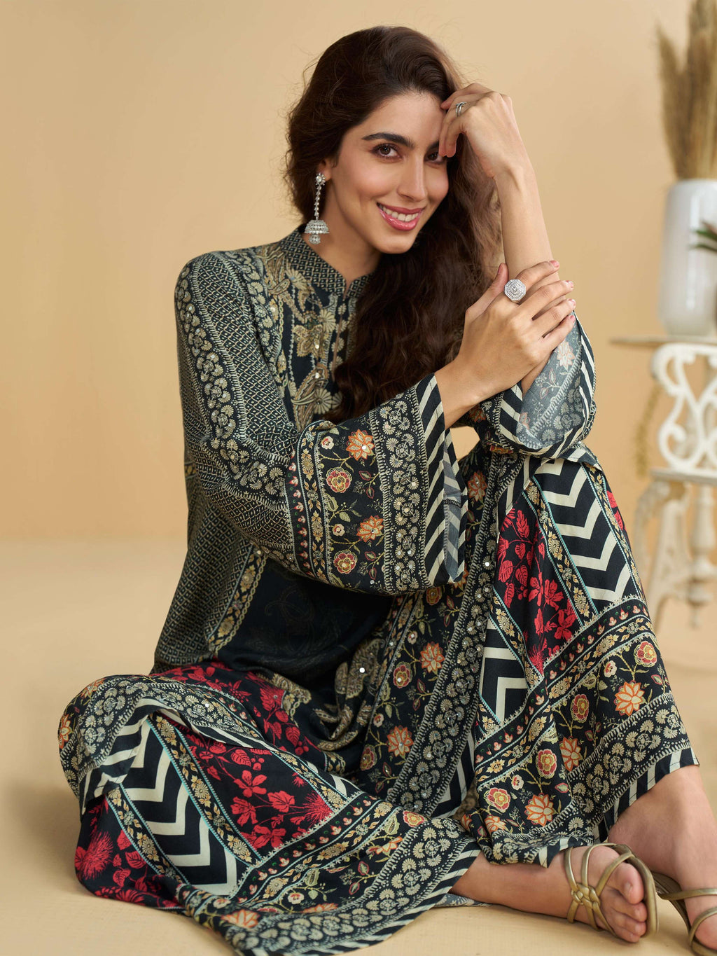 Anaita Black Crepe Stitched Suit With Digital Printed Work