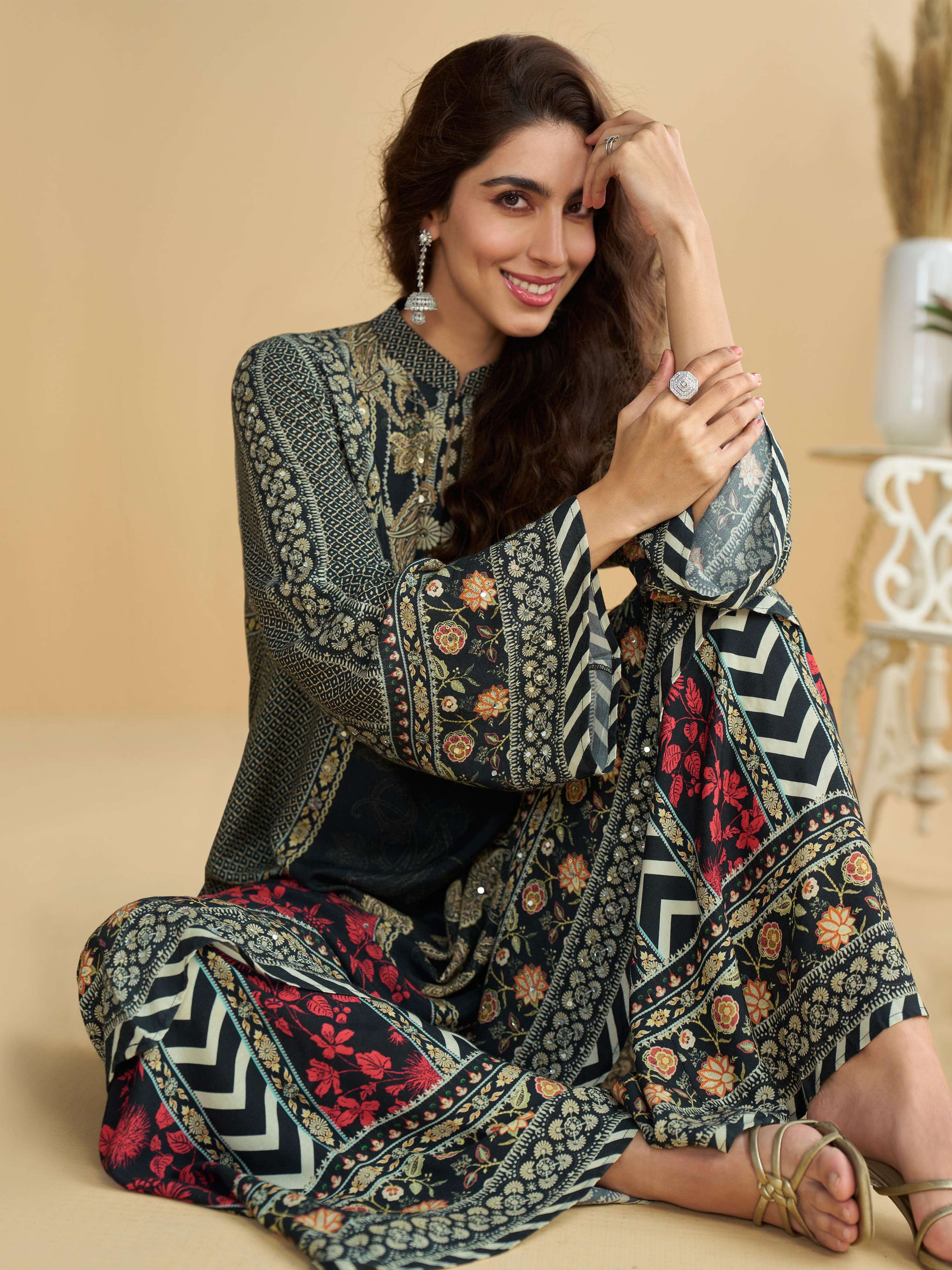 Anaita Black Crepe Stitched Suit With Digital Printed Work