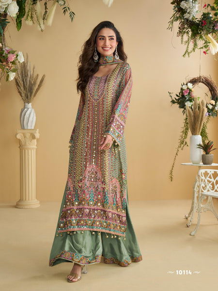 Anaita Green Crepe Stitched Suit With Digital Printed Work