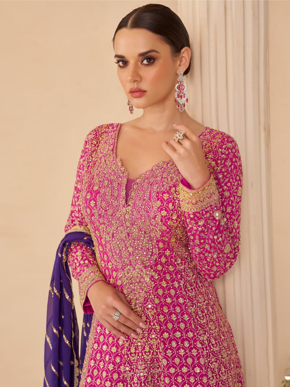 Anaita Magenta Real Georgette Stitched Suit With Sequence & Diamond Work - Distacart