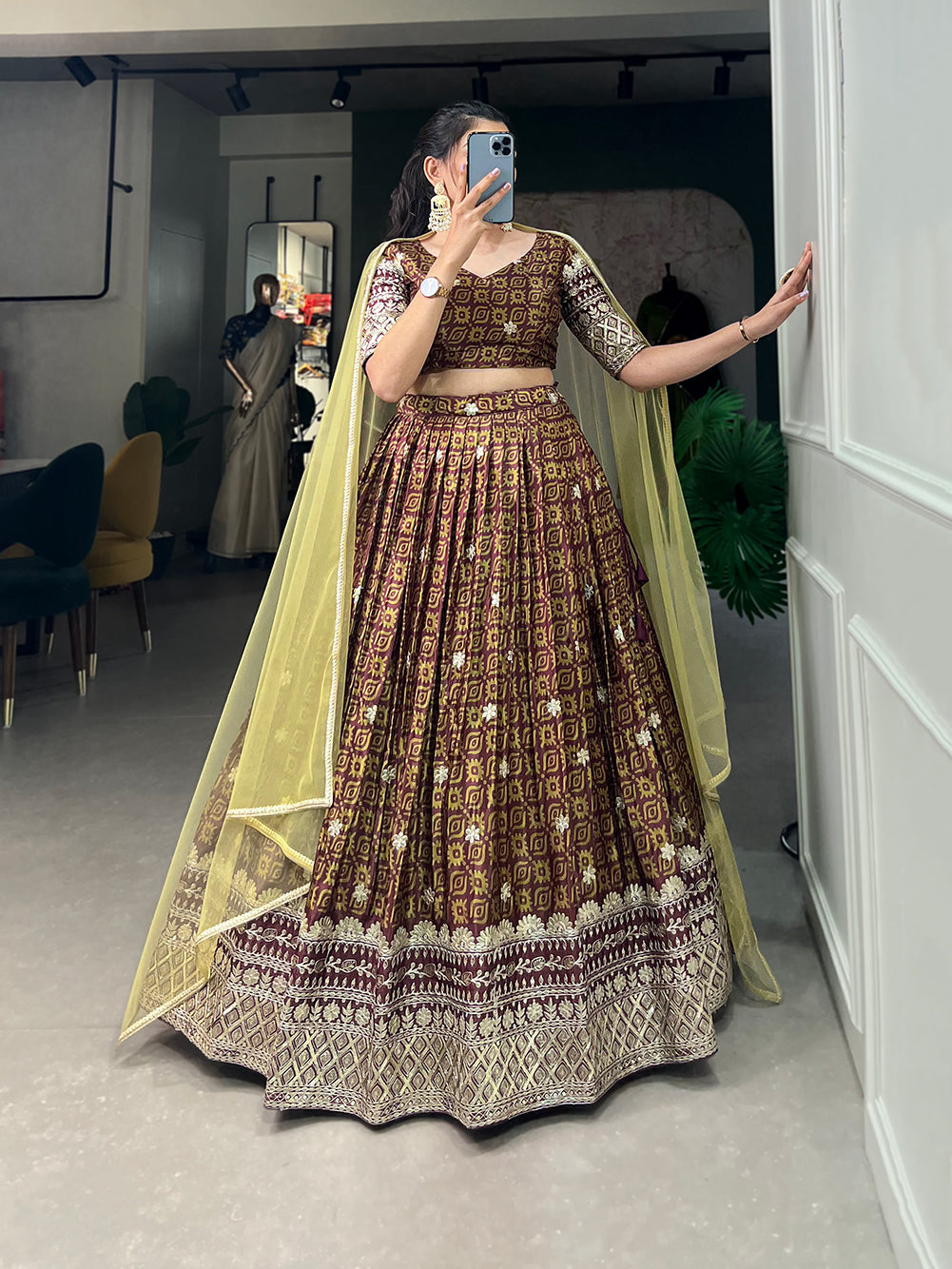 Lorenvalley Brown Chinon Digital Print with Embroidery Sequins Work Lehenga Choli with Dupatta