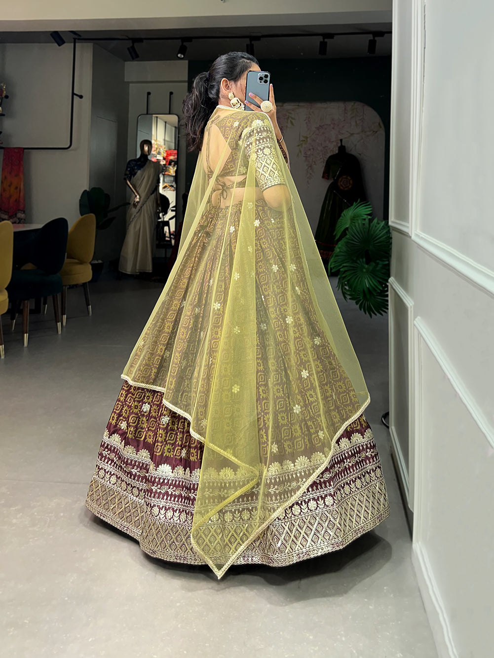 Lorenvalley Brown Chinon Digital Print with Embroidery Sequins Work Lehenga Choli with Dupatta
