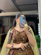 Lorenvalley Brown Chinon Digital Print with Embroidery Sequins Work Lehenga Choli with Dupatta