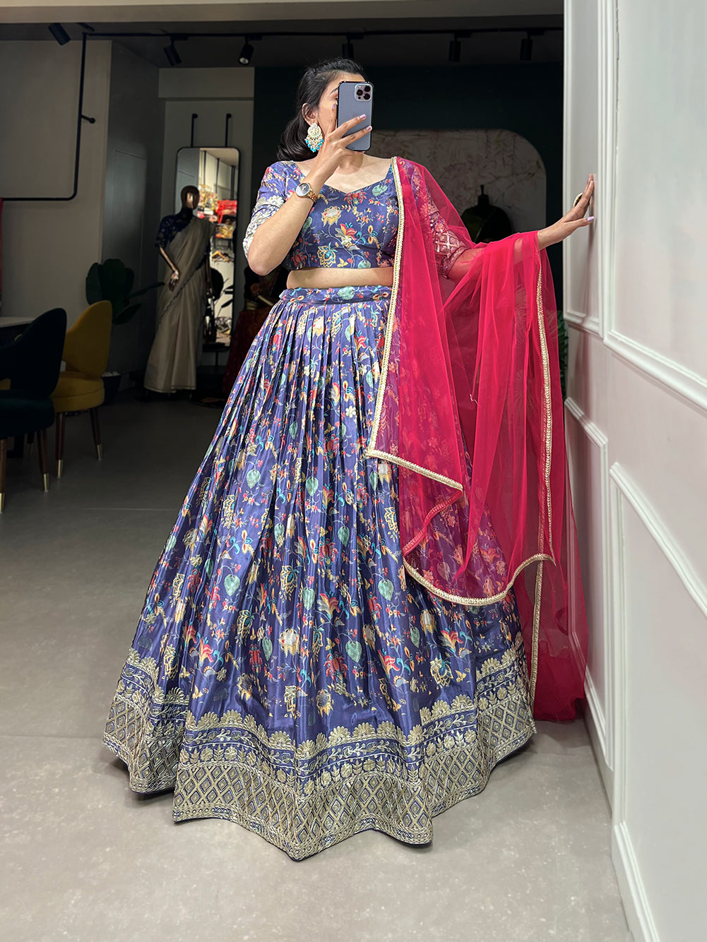 Lorenvalley Lavender Chinon Digital Print with Embroidery Sequins Work Lehenga Choli with Dupatta