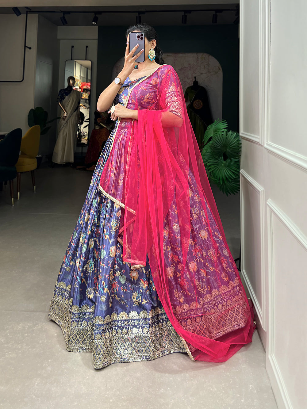 Lorenvalley Lavender Chinon Digital Print with Embroidery Sequins Work Lehenga Choli with Dupatta