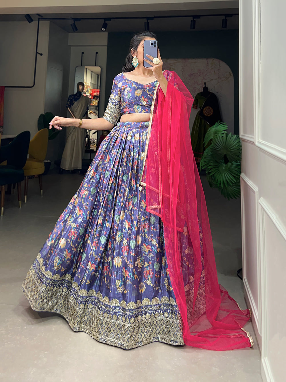 Lorenvalley Lavender Chinon Digital Print with Embroidery Sequins Work Lehenga Choli with Dupatta