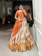Lorenvalley Orange and White Dola Silk Floral Print And Zari Weaving Work With Lace Touch Up Lehenga Choli