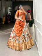 Lorenvalley Orange and White Dola Silk Floral Print And Zari Weaving Work With Lace Touch Up Lehenga Choli