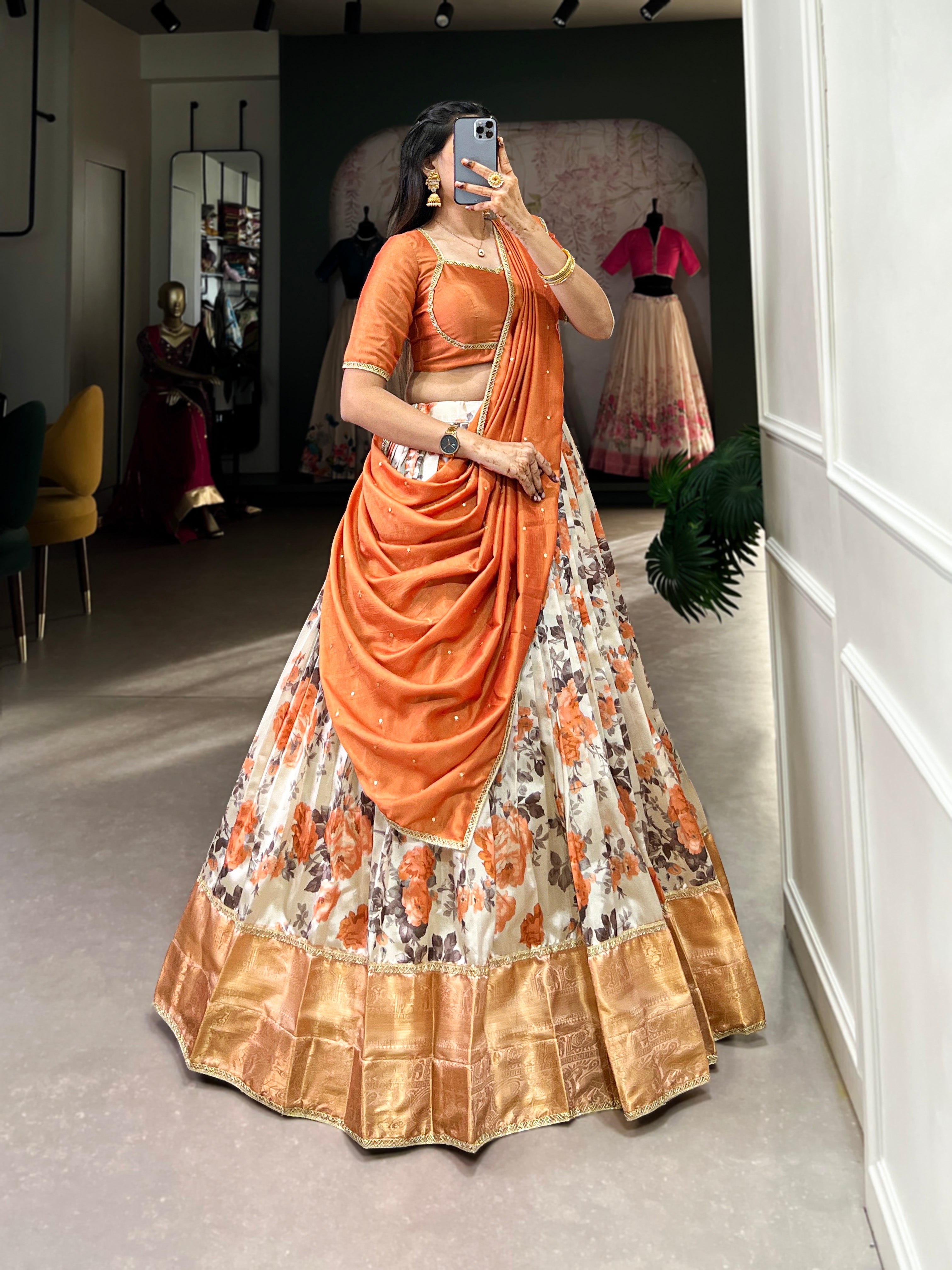 Lorenvalley Orange and White Dola Silk Floral Print And Zari Weaving Work With Lace Touch Up Lehenga Choli