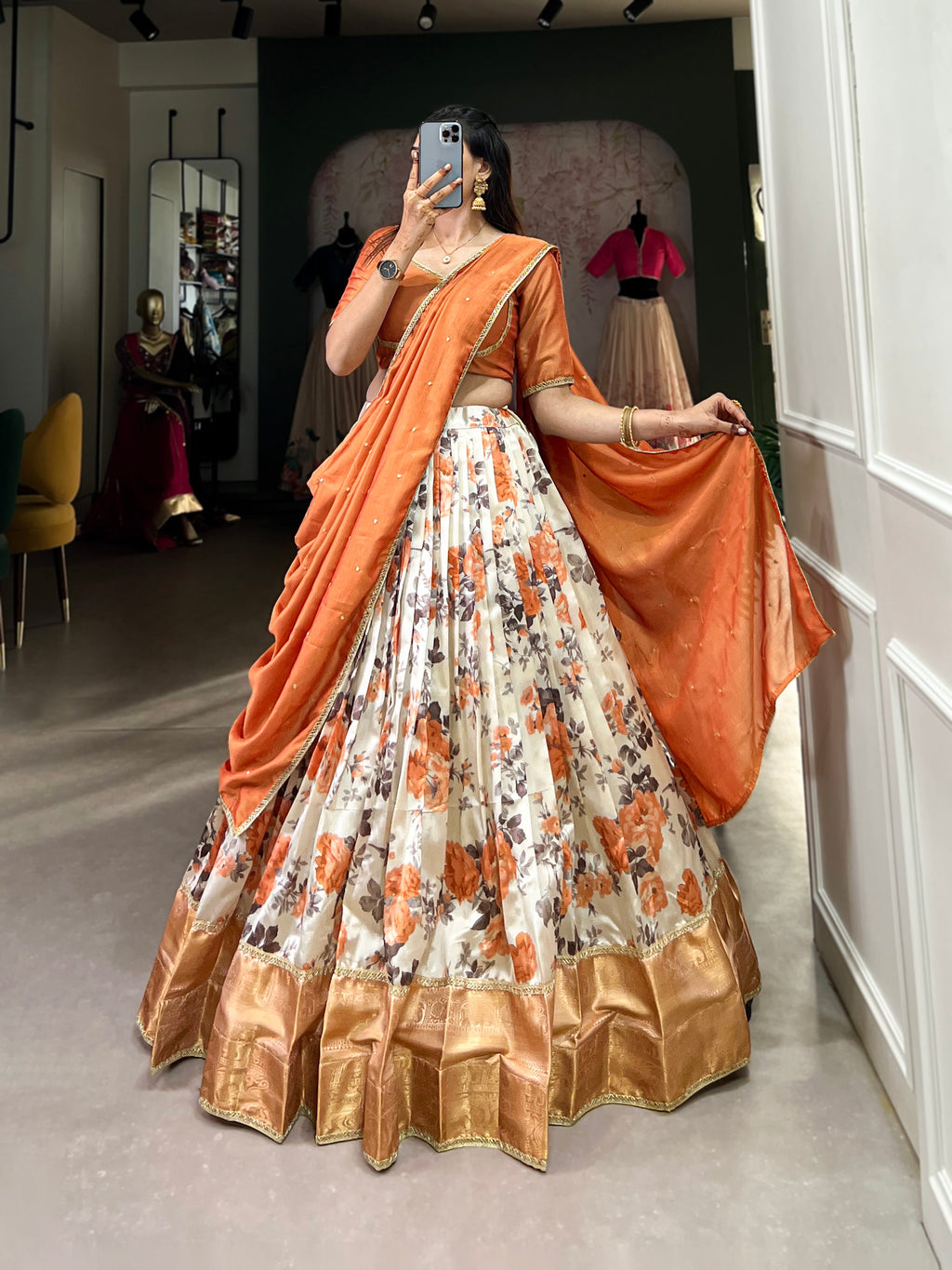 Lorenvalley Orange and White Dola Silk Floral Print And Zari Weaving Work With Lace Touch Up Lehenga Choli