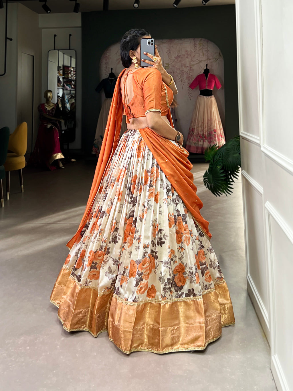 Lorenvalley Orange and White Dola Silk Floral Print And Zari Weaving Work With Lace Touch Up Lehenga Choli