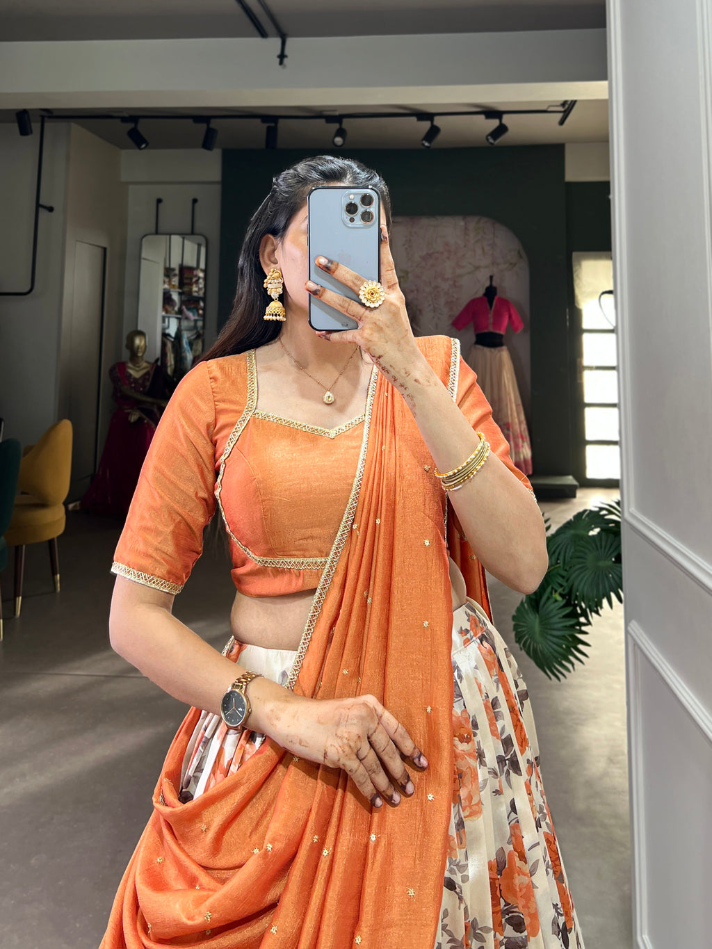 Lorenvalley Orange and White Dola Silk Floral Print And Zari Weaving Work With Lace Touch Up Lehenga Choli