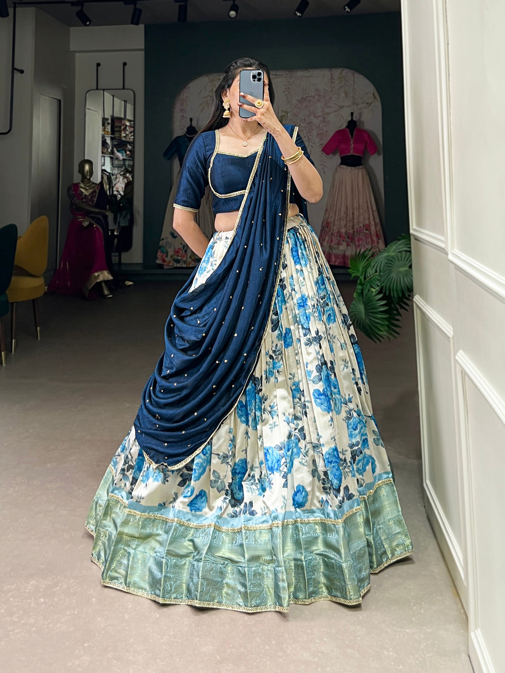 Lorenvalley Blue and White Dola Silk Floral Print And Zari Weaving Work With Lace Touch Up Lehenga Choli