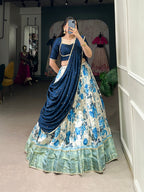 Lorenvalley Blue and White Dola Silk Floral Print And Zari Weaving Work With Lace Touch Up Lehenga Choli