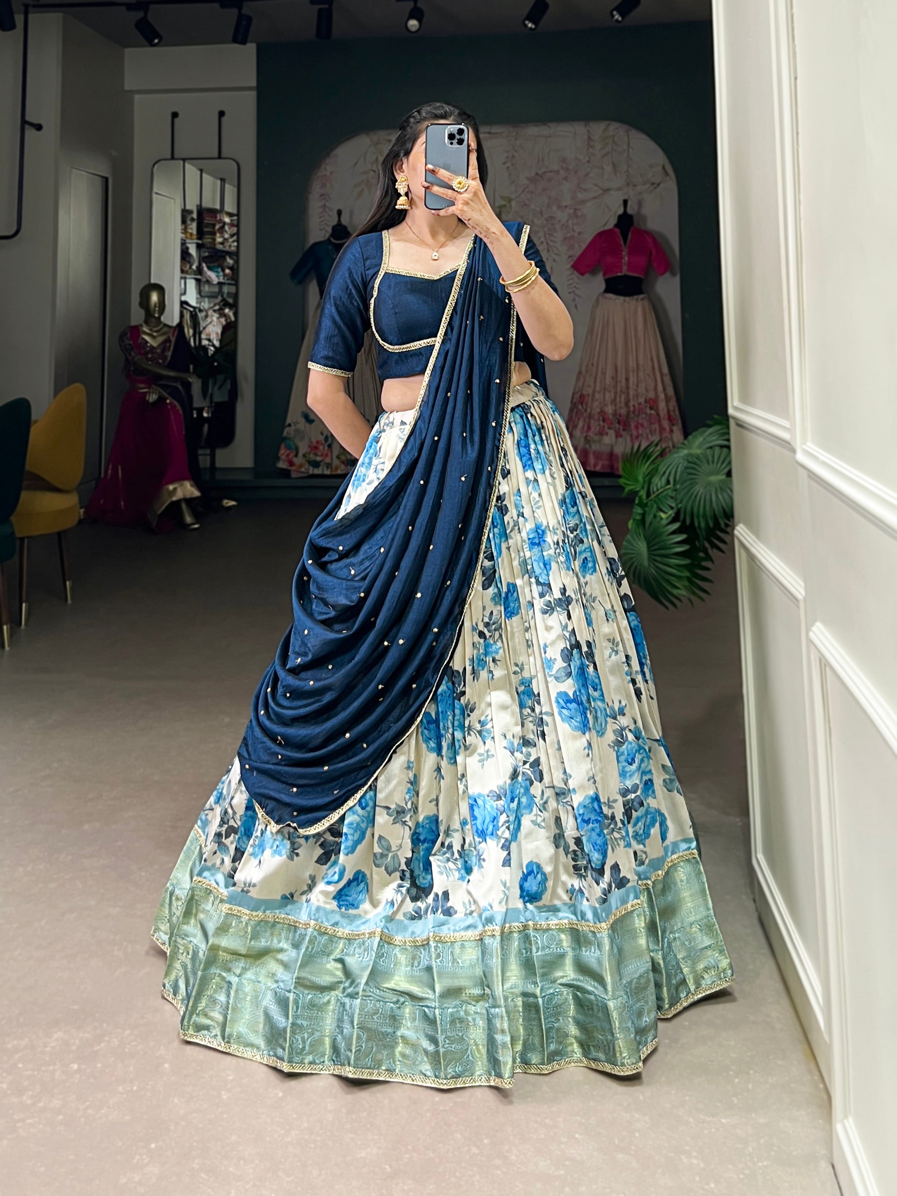 Lorenvalley Blue and White Dola Silk Floral Print And Zari Weaving Work With Lace Touch Up Lehenga Choli