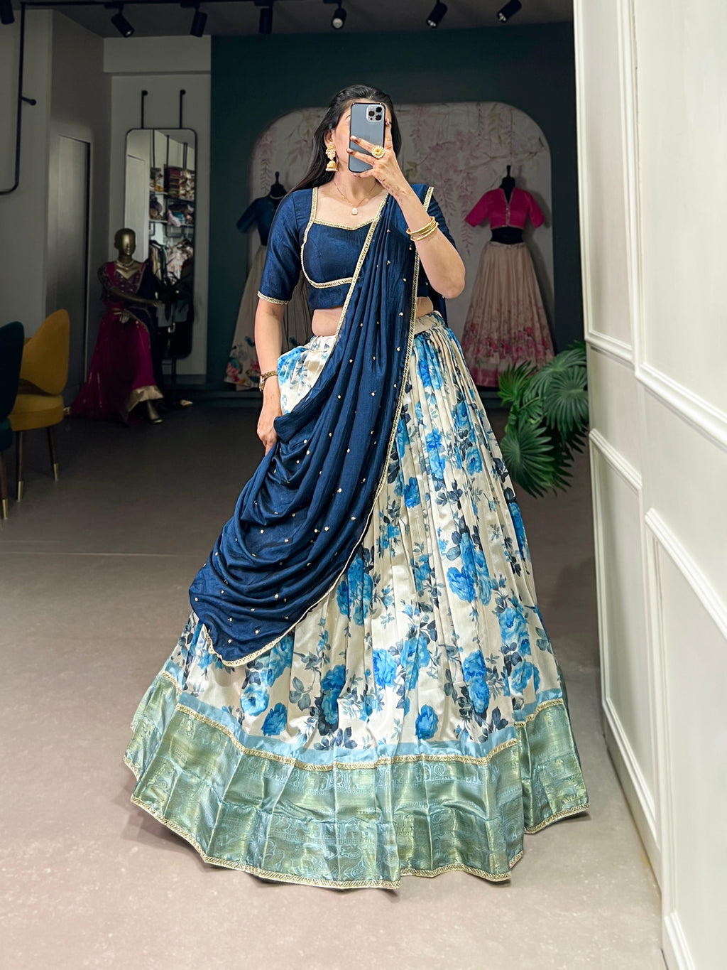 Lorenvalley Blue and White Dola Silk Floral Print And Zari Weaving Work With Lace Touch Up Lehenga Choli