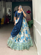 Lorenvalley Blue and White Dola Silk Floral Print And Zari Weaving Work With Lace Touch Up Lehenga Choli