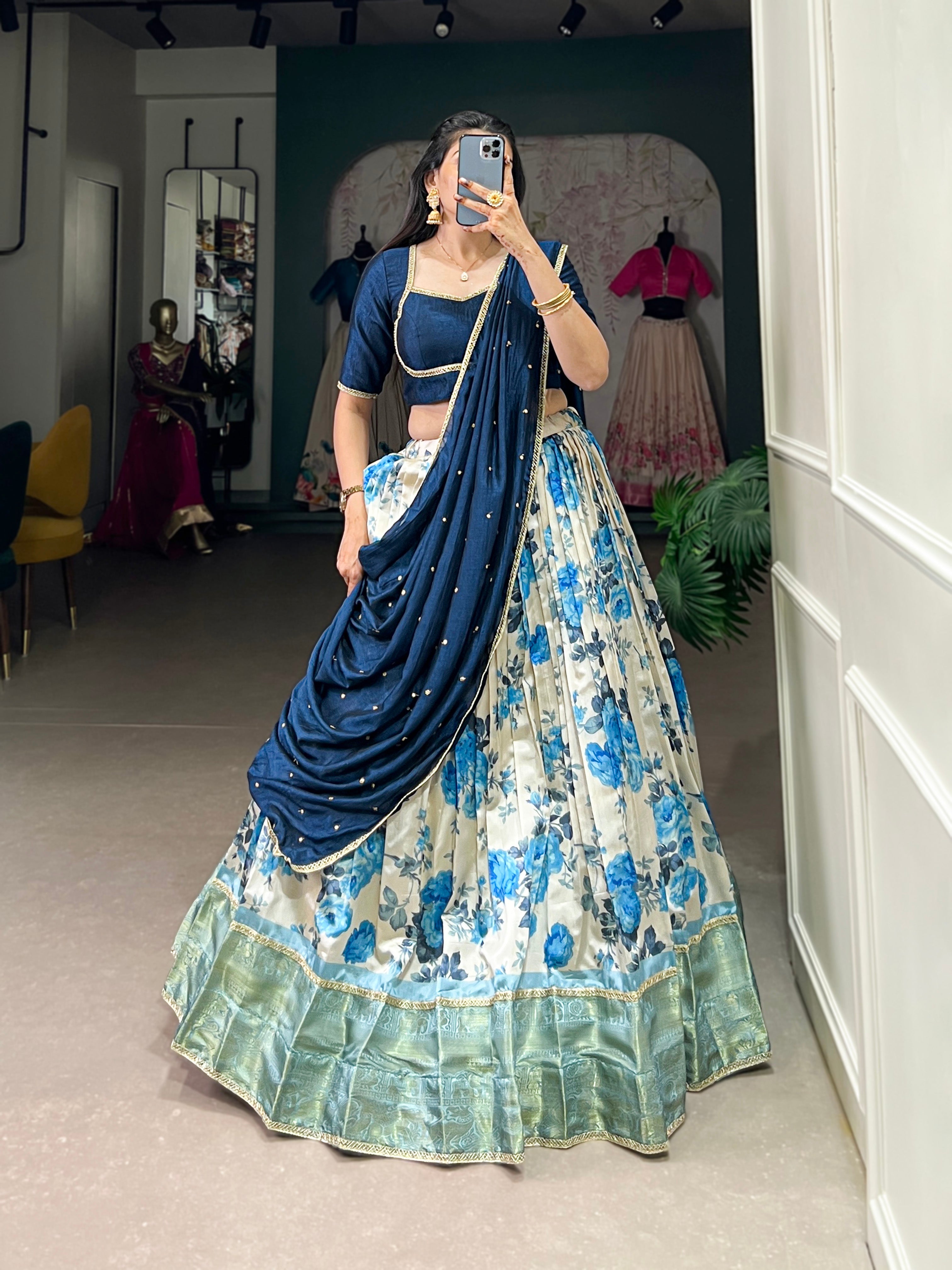Lorenvalley Blue and White Dola Silk Floral Print And Zari Weaving Work With Lace Touch Up Lehenga Choli