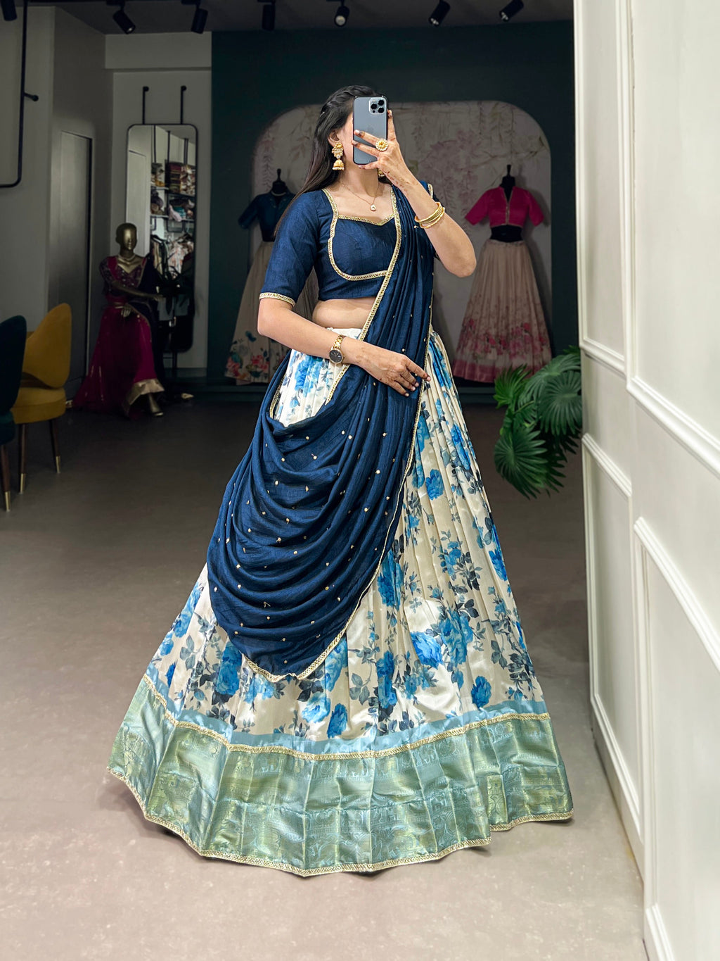 Lorenvalley Blue and White Dola Silk Floral Print And Zari Weaving Work With Lace Touch Up Lehenga Choli