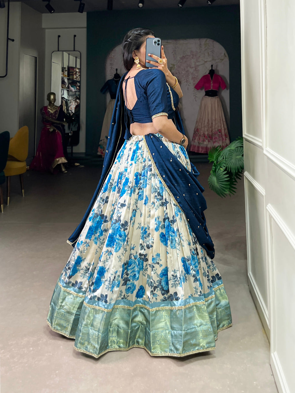 Lorenvalley Blue and White Dola Silk Floral Print And Zari Weaving Work With Lace Touch Up Lehenga Choli