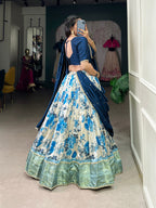 Lorenvalley Blue and White Dola Silk Floral Print And Zari Weaving Work With Lace Touch Up Lehenga Choli