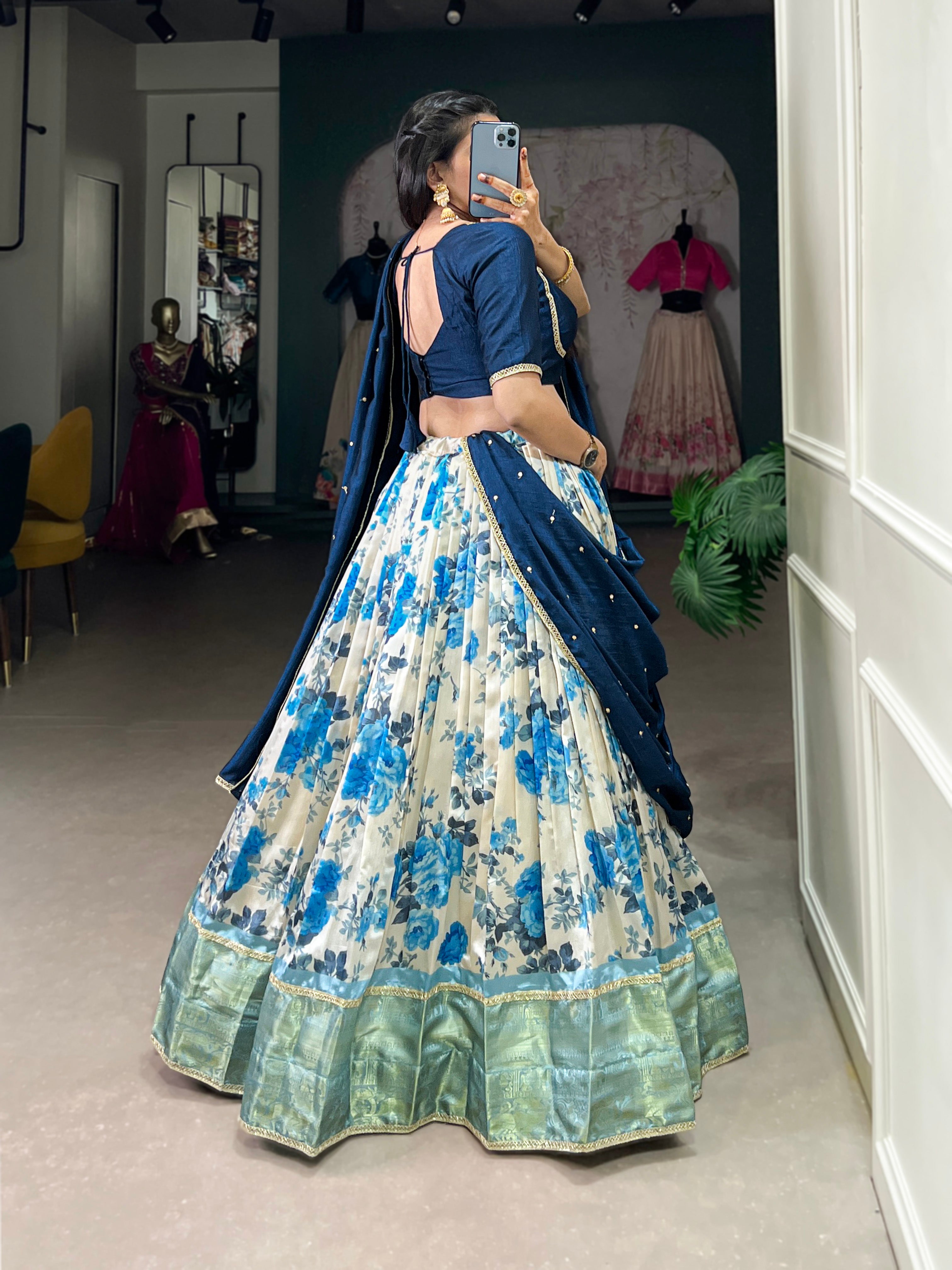 Lorenvalley Blue and White Dola Silk Floral Print And Zari Weaving Work With Lace Touch Up Lehenga Choli
