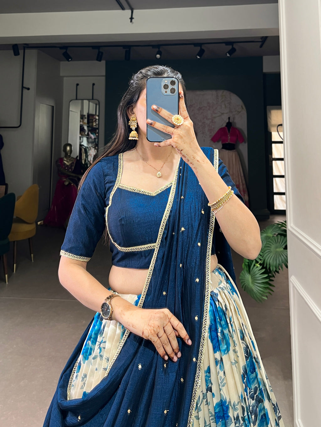 Lorenvalley Blue and White Dola Silk Floral Print And Zari Weaving Work With Lace Touch Up Lehenga Choli