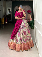 Lorenvalley Ranipink and White Dola Silk Floral Print And Zari Weaving Work With Lace Touch Up Lehenga Choli