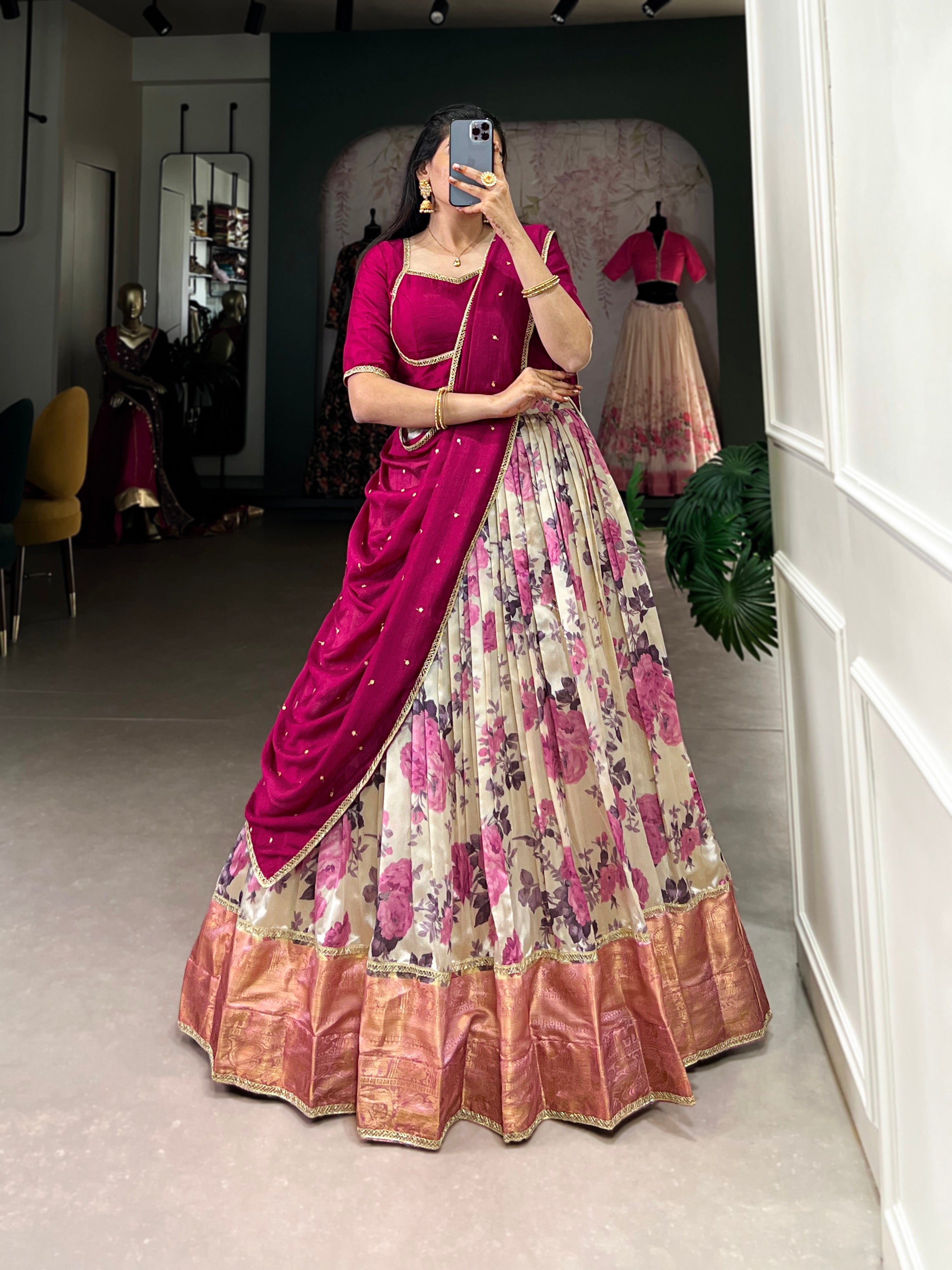 Lorenvalley Ranipink and White Dola Silk Floral Print And Zari Weaving Work With Lace Touch Up Lehenga Choli