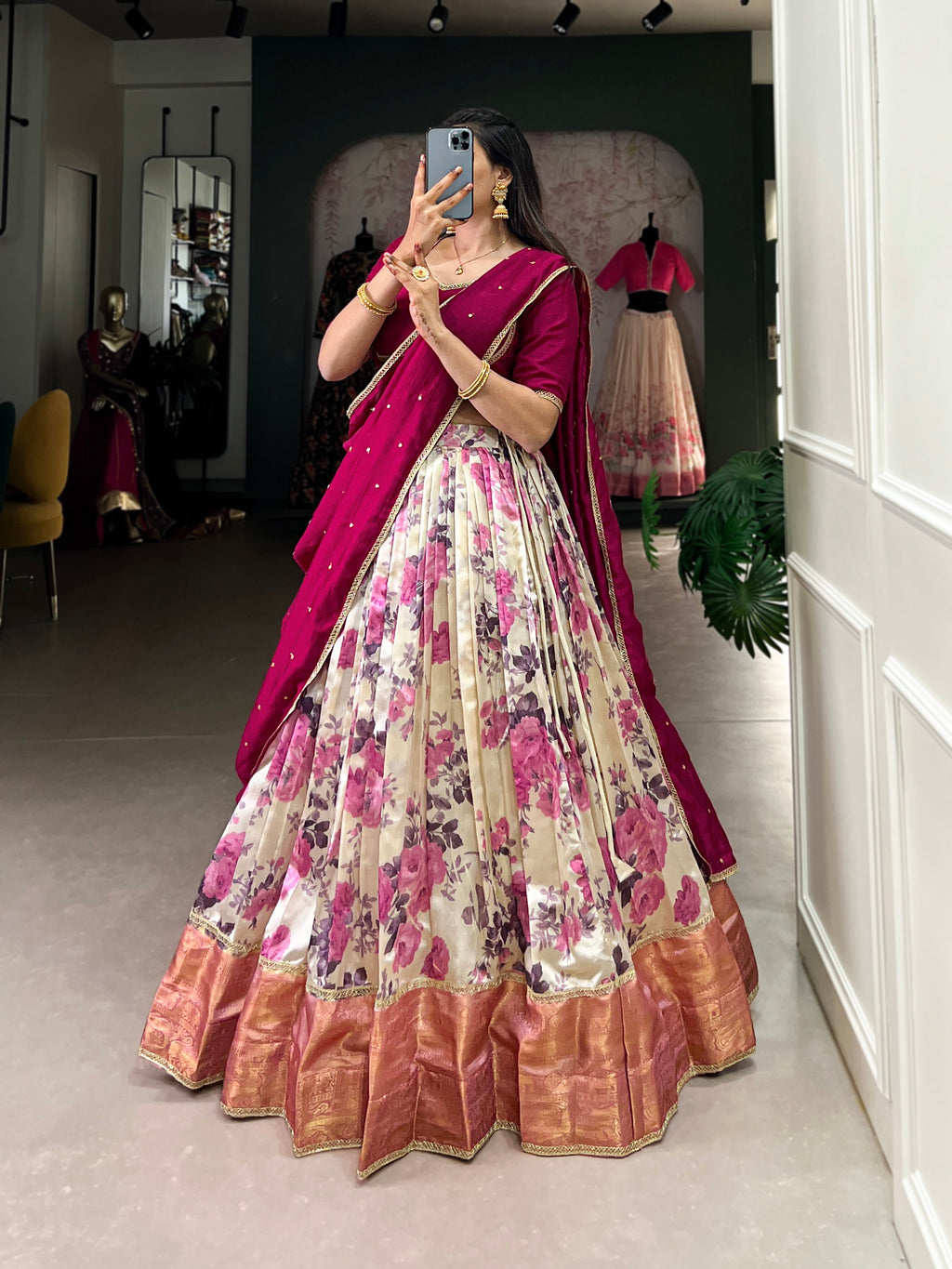 Lorenvalley Ranipink and White Dola Silk Floral Print And Zari Weaving Work With Lace Touch Up Lehenga Choli