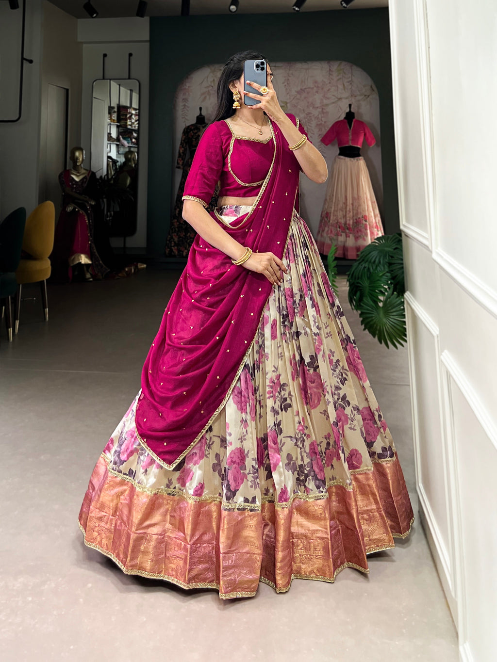 Lorenvalley Ranipink and White Dola Silk Floral Print And Zari Weaving Work With Lace Touch Up Lehenga Choli