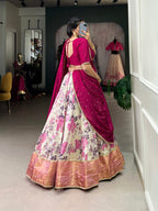Lorenvalley Ranipink and White Dola Silk Floral Print And Zari Weaving Work With Lace Touch Up Lehenga Choli