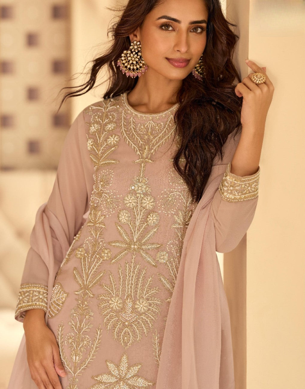 Anaita Peach Georgette Stitched Suit With Embroidery & Beads Work - Distacart