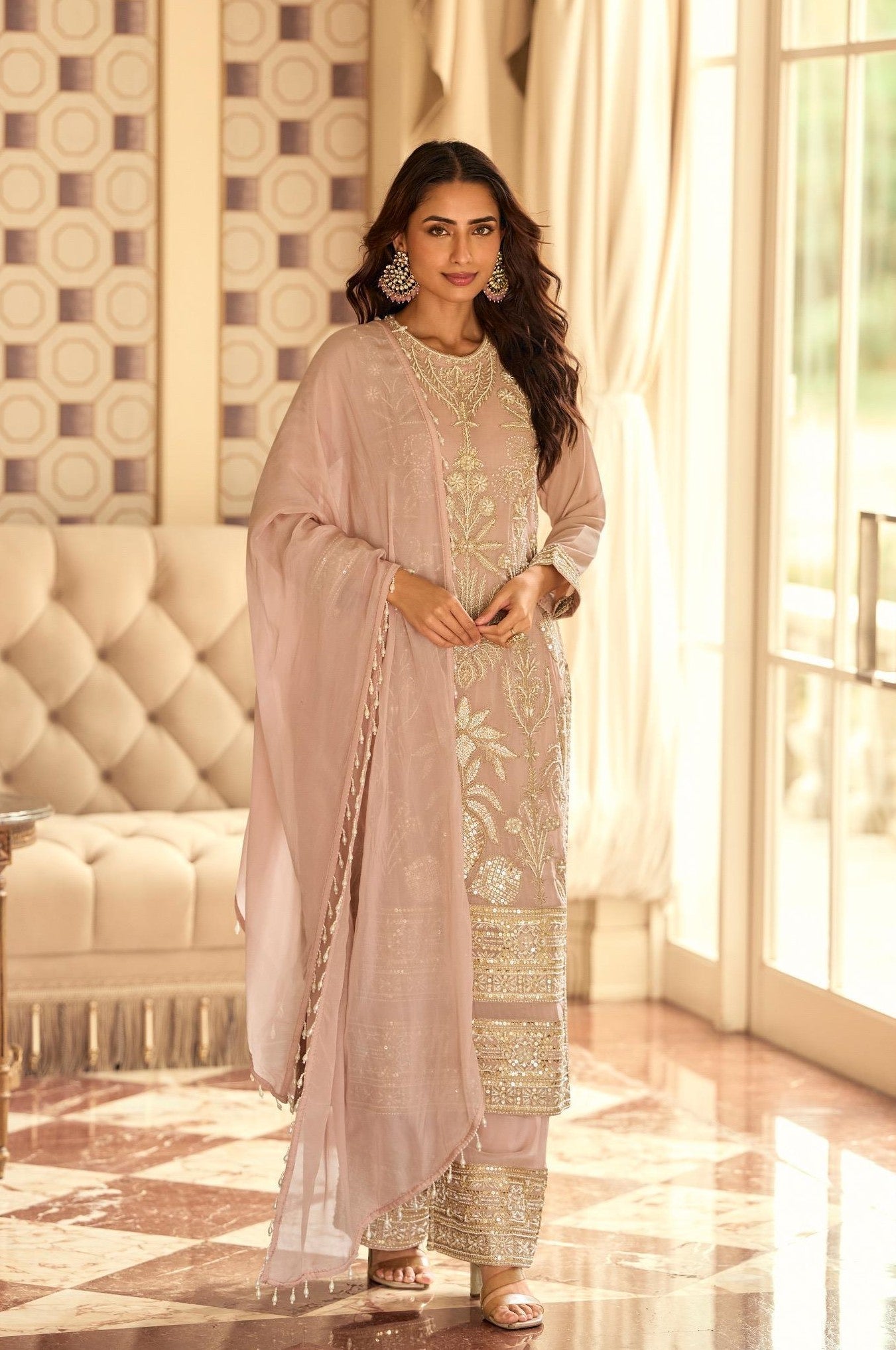 Anaita Peach Georgette Stitched Suit With Embroidery & Beads Work - Distacart