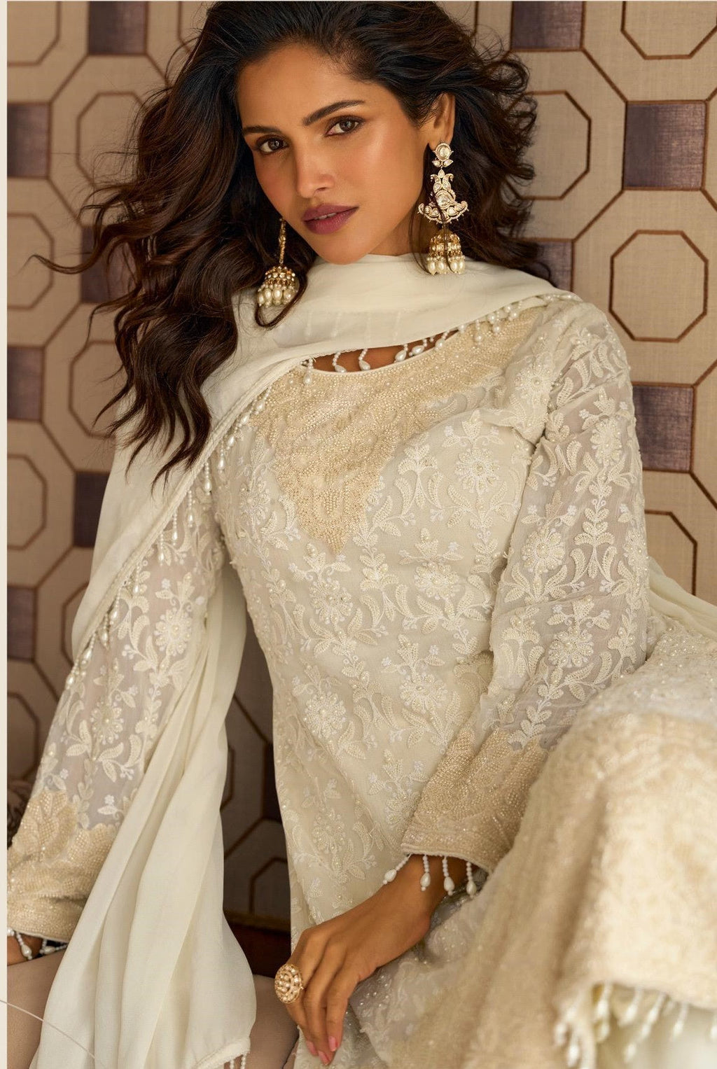 Anaita White Georgette Stitched Suit With Embroidery & Beads Work - Distacart