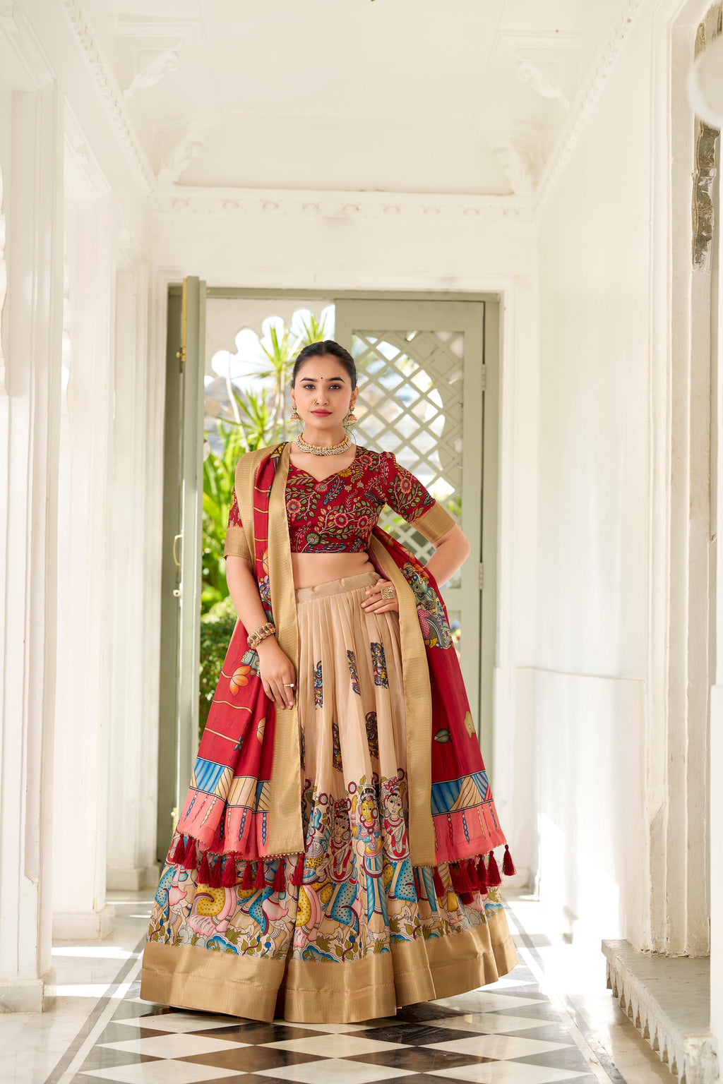 Lorenvalley Cream Dola Silk Kalamkari Print With Weaving Border Lehenga Choli