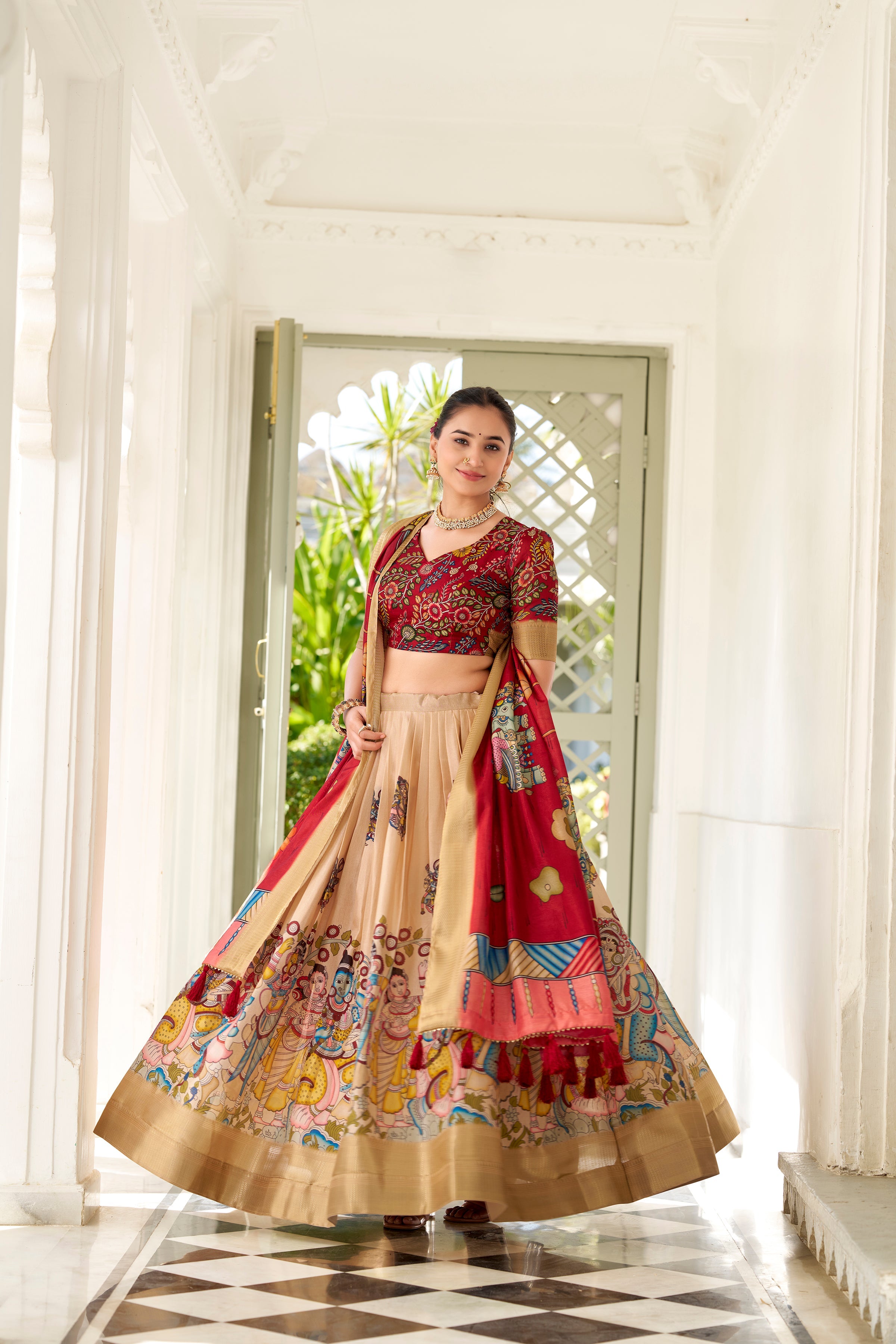 Lorenvalley Cream Dola Silk Kalamkari Print With Weaving Border Lehenga Choli