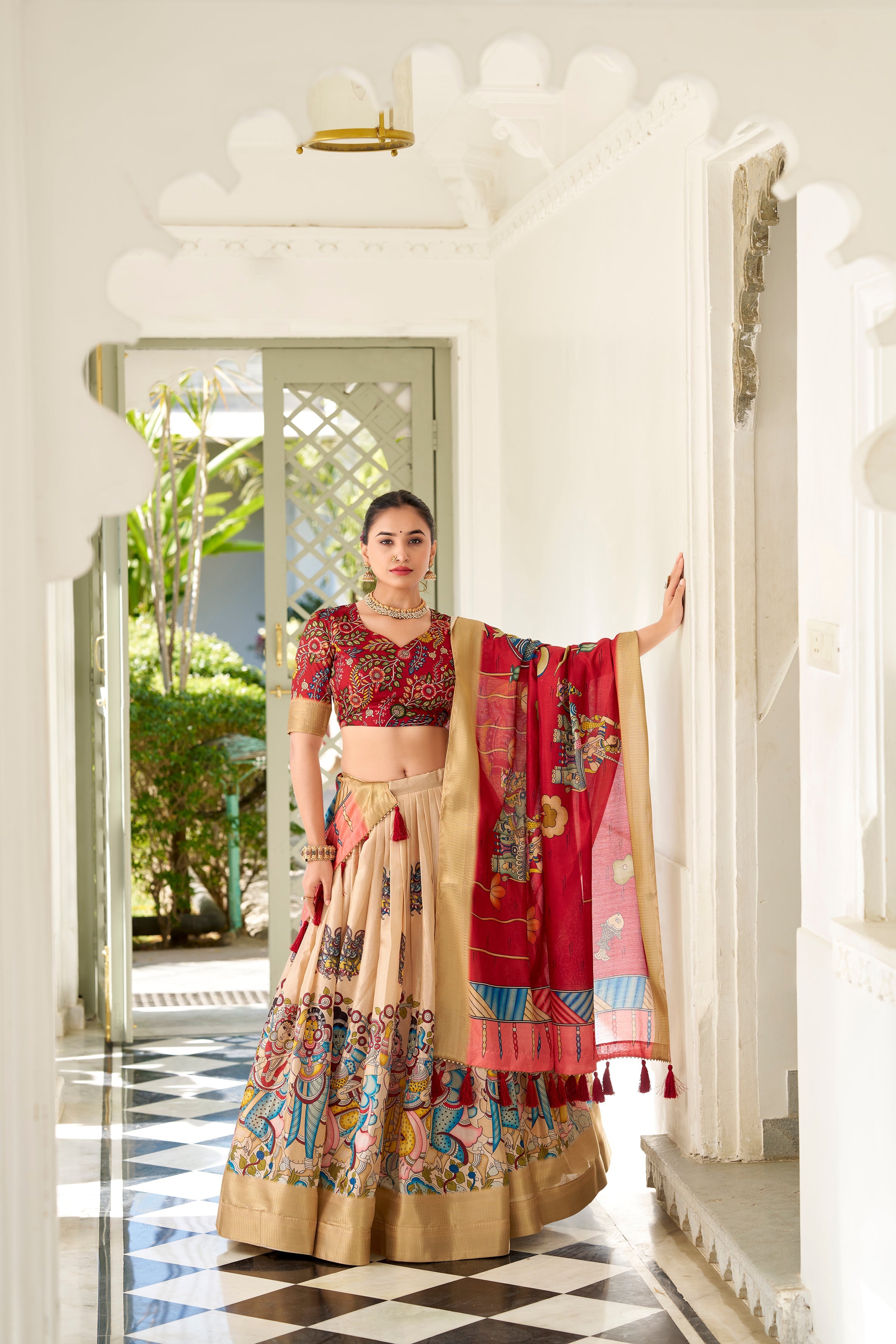 Lorenvalley Cream Dola Silk Kalamkari Print With Weaving Border Lehenga Choli
