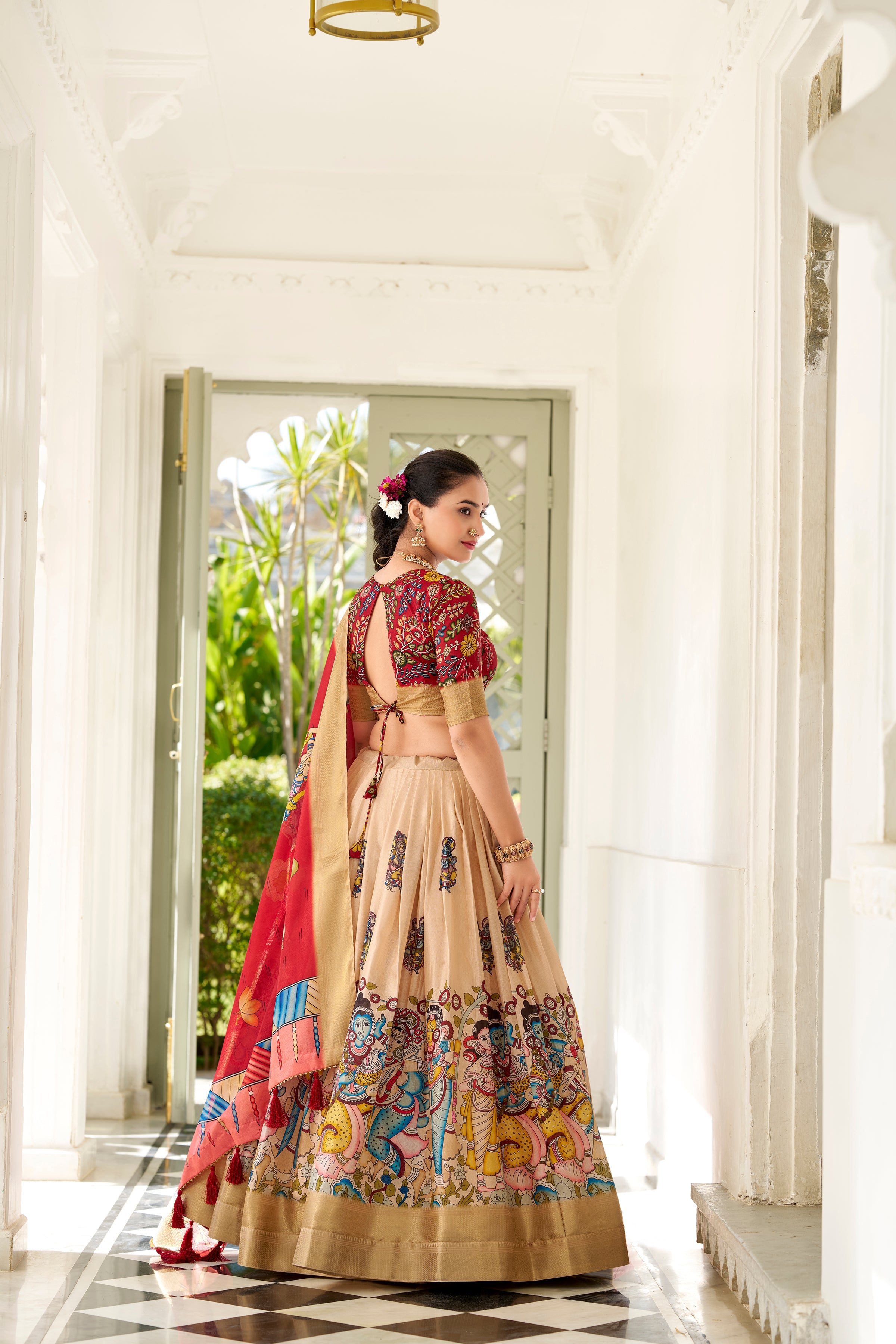 Lorenvalley Cream Dola Silk Kalamkari Print With Weaving Border Lehenga Choli