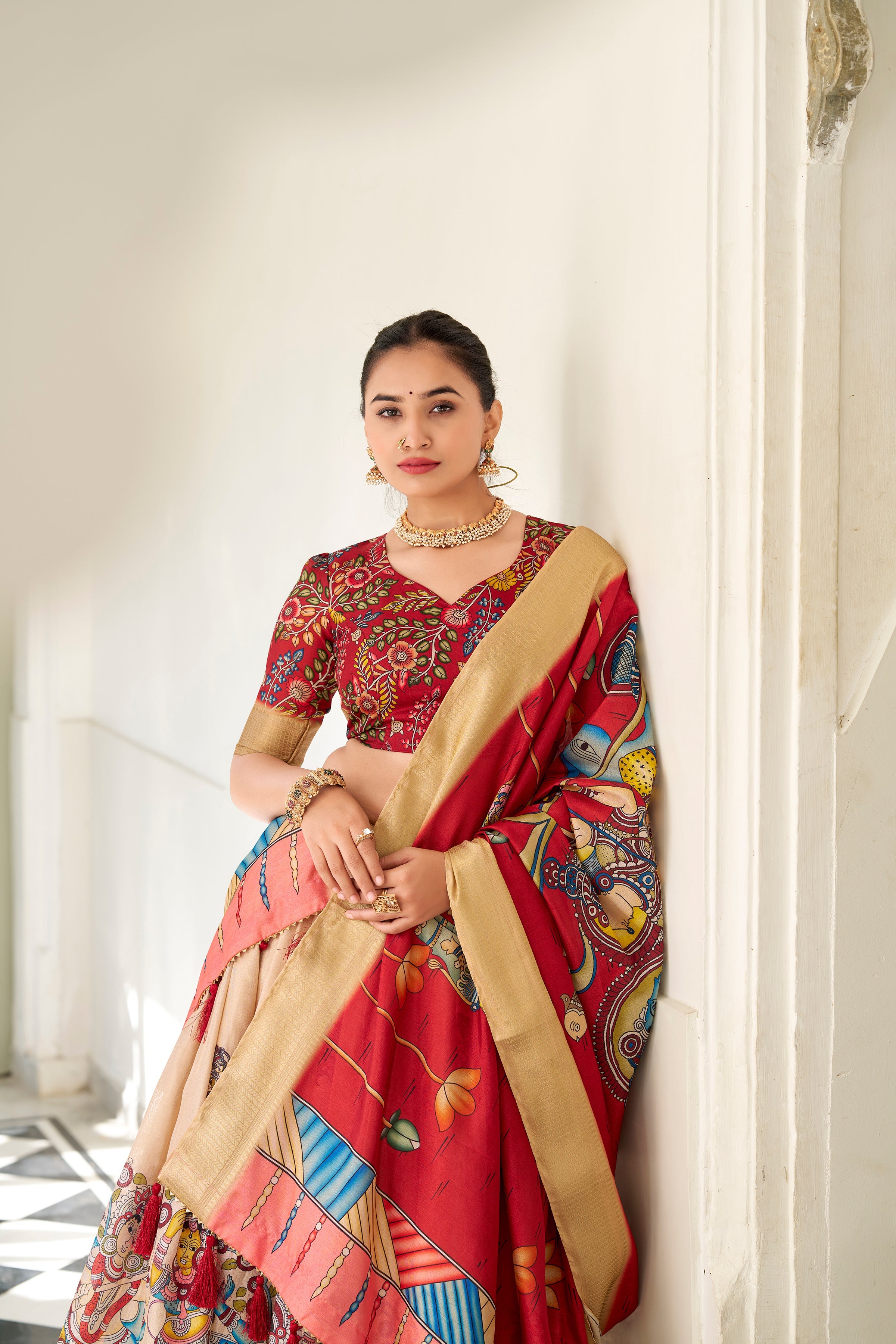 Lorenvalley Cream Dola Silk Kalamkari Print With Weaving Border Lehenga Choli
