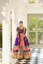 Lorenvalley Peach Dola Silk Kalamkari Print With Weaving Border Lehenga Choli