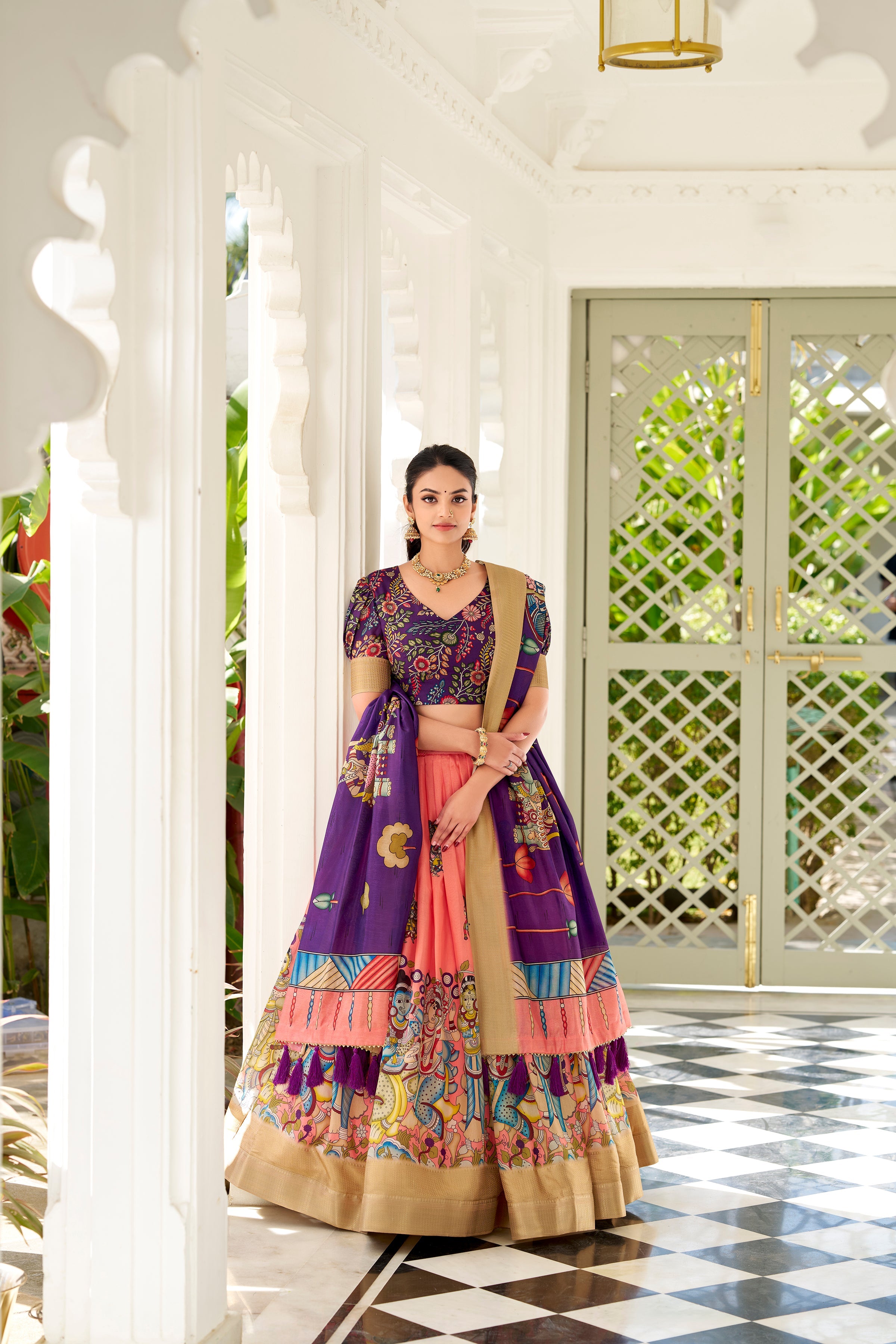 Lorenvalley Peach Dola Silk Kalamkari Print With Weaving Border Lehenga Choli