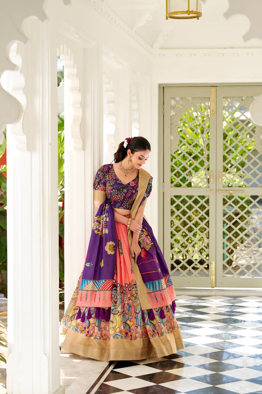 Lorenvalley Peach Dola Silk Kalamkari Print With Weaving Border Lehenga Choli