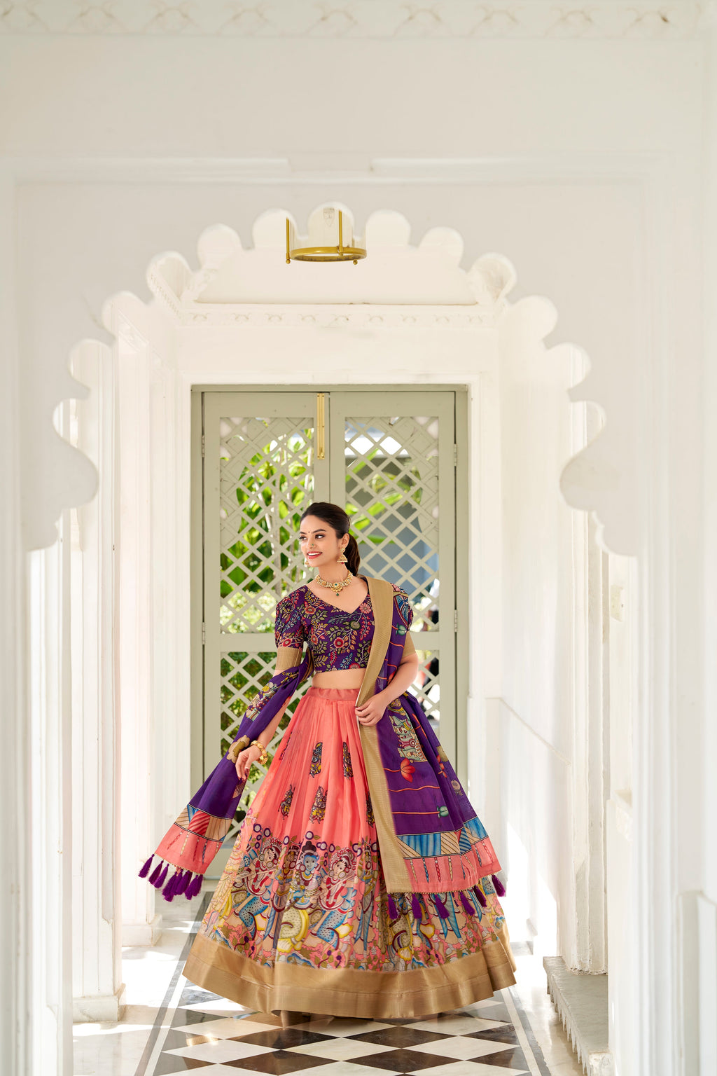 Lorenvalley Peach Dola Silk Kalamkari Print With Weaving Border Lehenga Choli