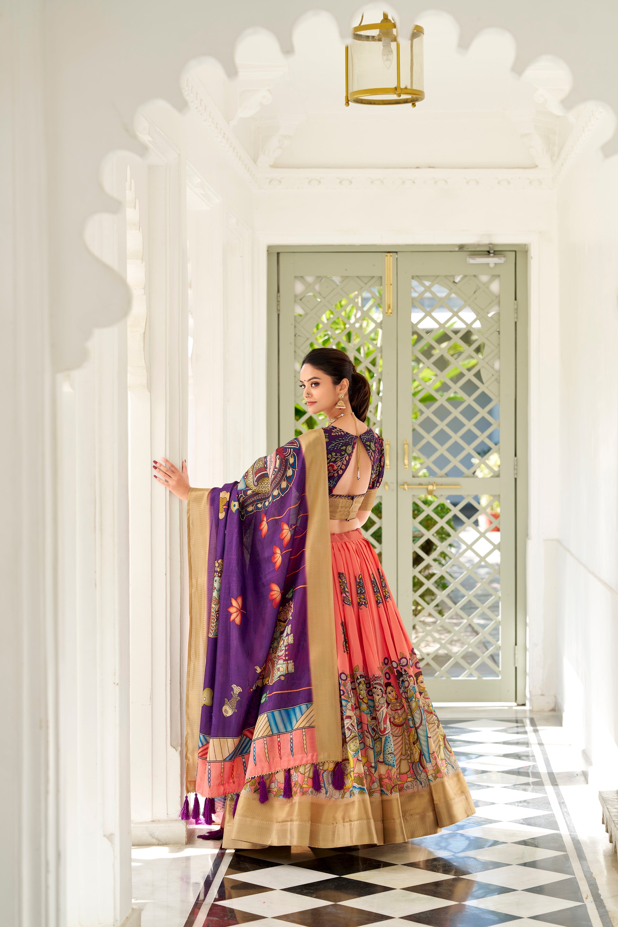 Lorenvalley Peach Dola Silk Kalamkari Print With Weaving Border Lehenga Choli